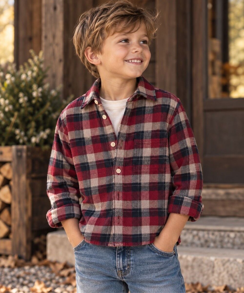 Abercrombie Kids Red Navy & Cream Plaid Flannel Button Down Shirt Size 7/8